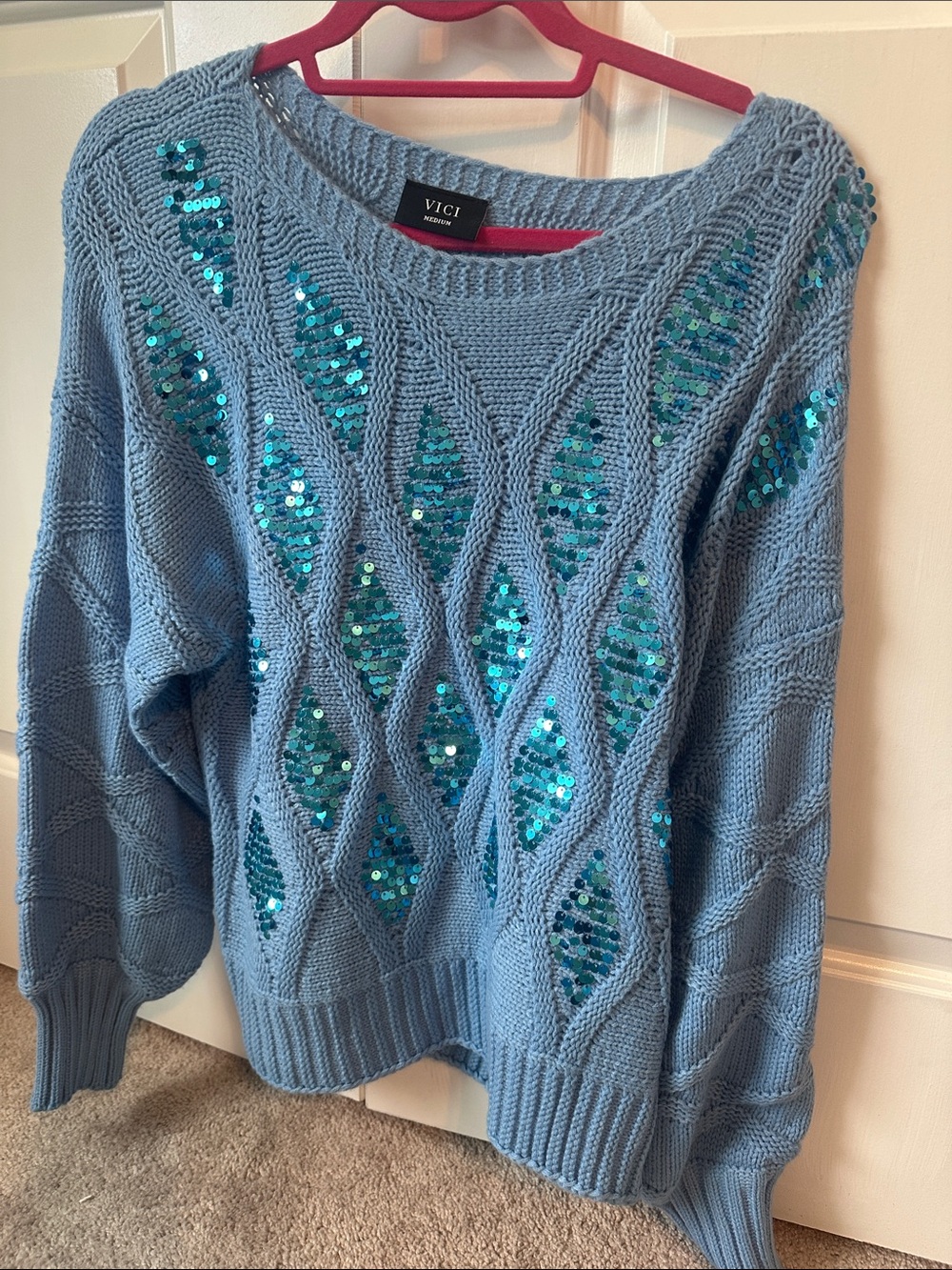 VICI Blue Knit Sweater with Teal Sequin Accents